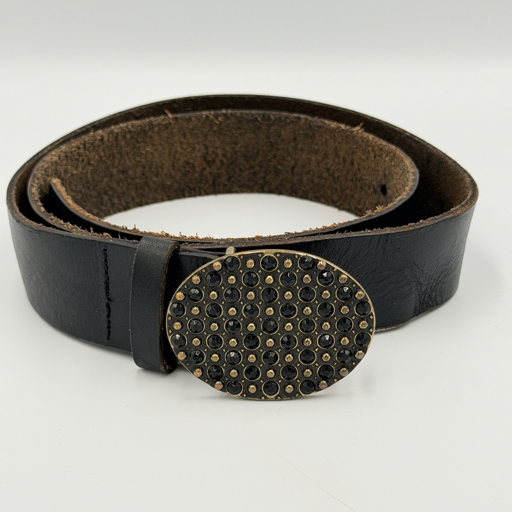 Y2K Leather Belt Rhinestone Studded Buckle Black Gold Western Punk Glam One Size